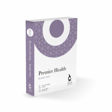 Premier Health Blood Test Box of Premier Health with a purple design and white background.